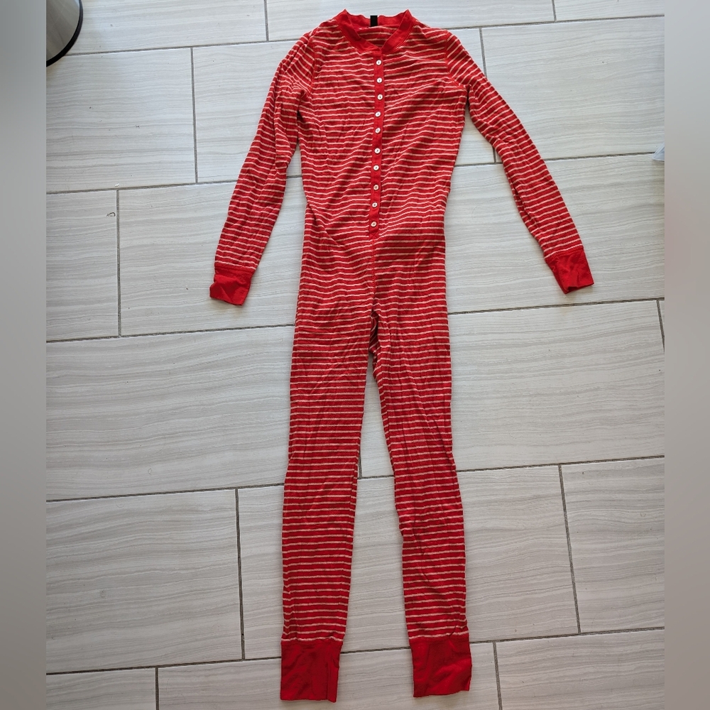 J. Crew Union Suit Pajamas Womens XS Red Striped One Piece Long Sleeve Soft Cozy